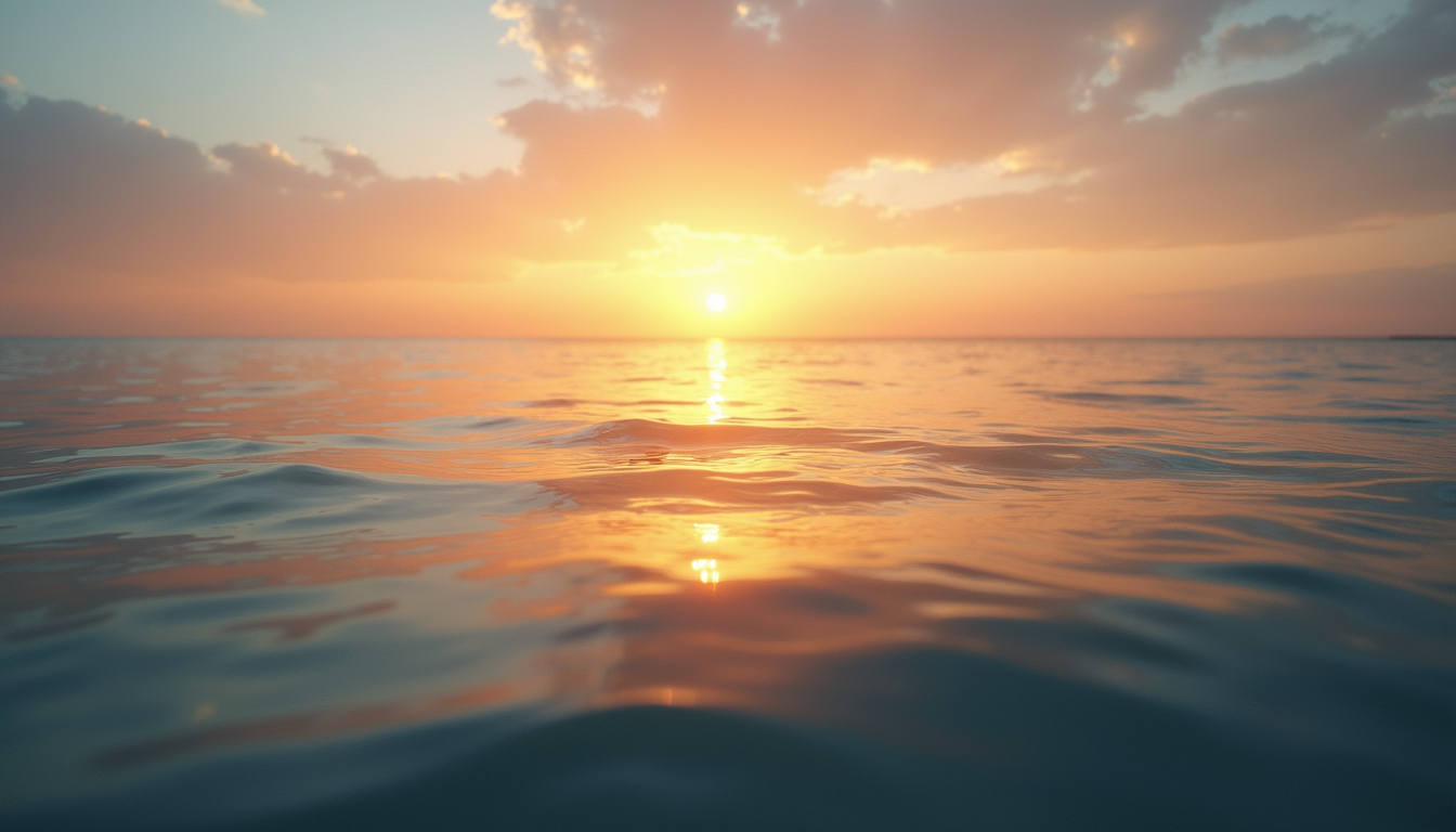 Eye level view of a calm sea with a sunset backdrop
