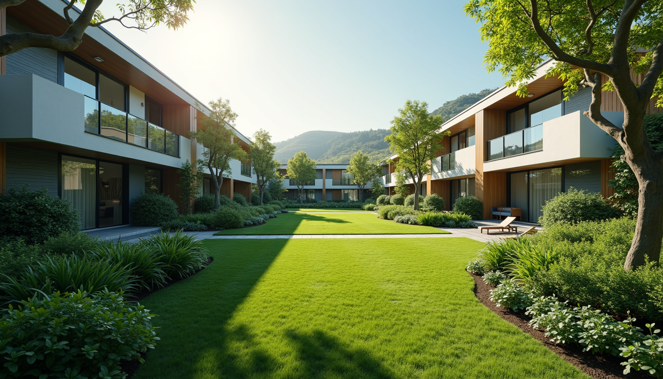 Wide angle view of lush greenery surrounding modern homes