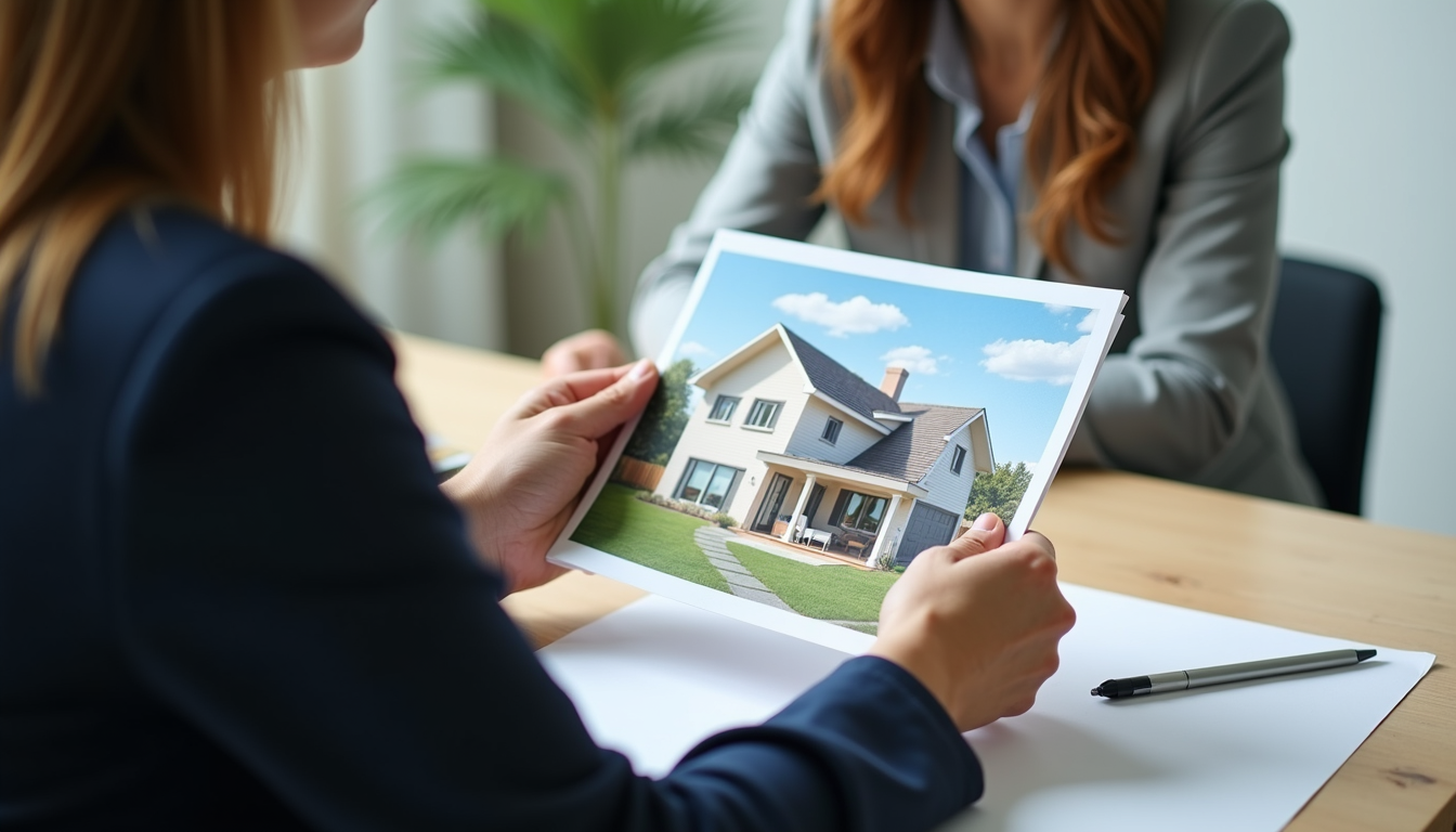 Close-up view of a real estate agent showing a property brochure