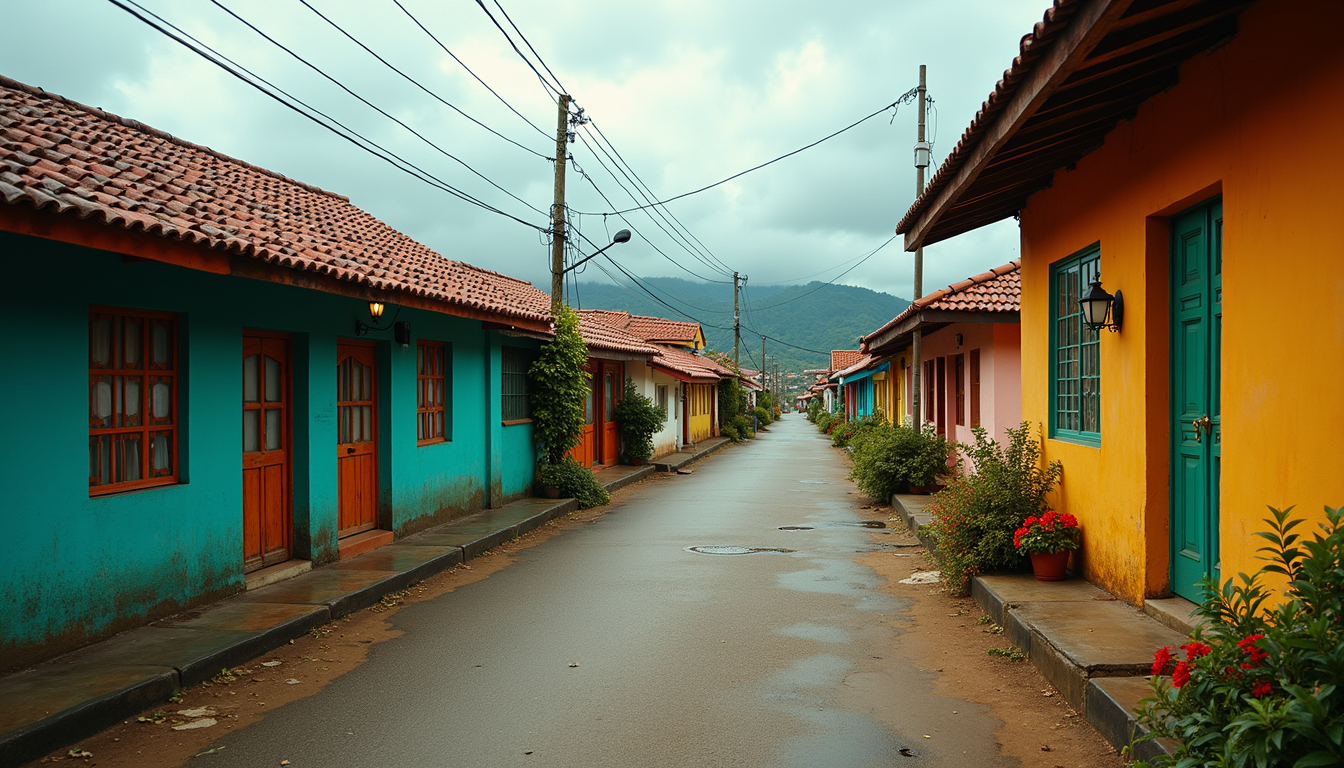 Wide angle view of a cozy Costa Rican town with colorful houses
