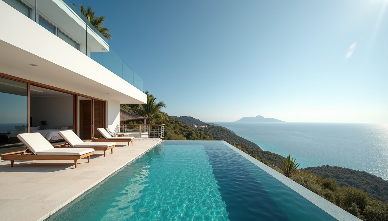 High angle view of a luxury villa with a pool in Playas del Coco