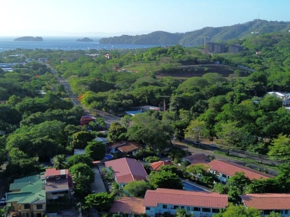 Aerial view of Playas del Coco homes near the coast in Guanacaste, Costa Rica