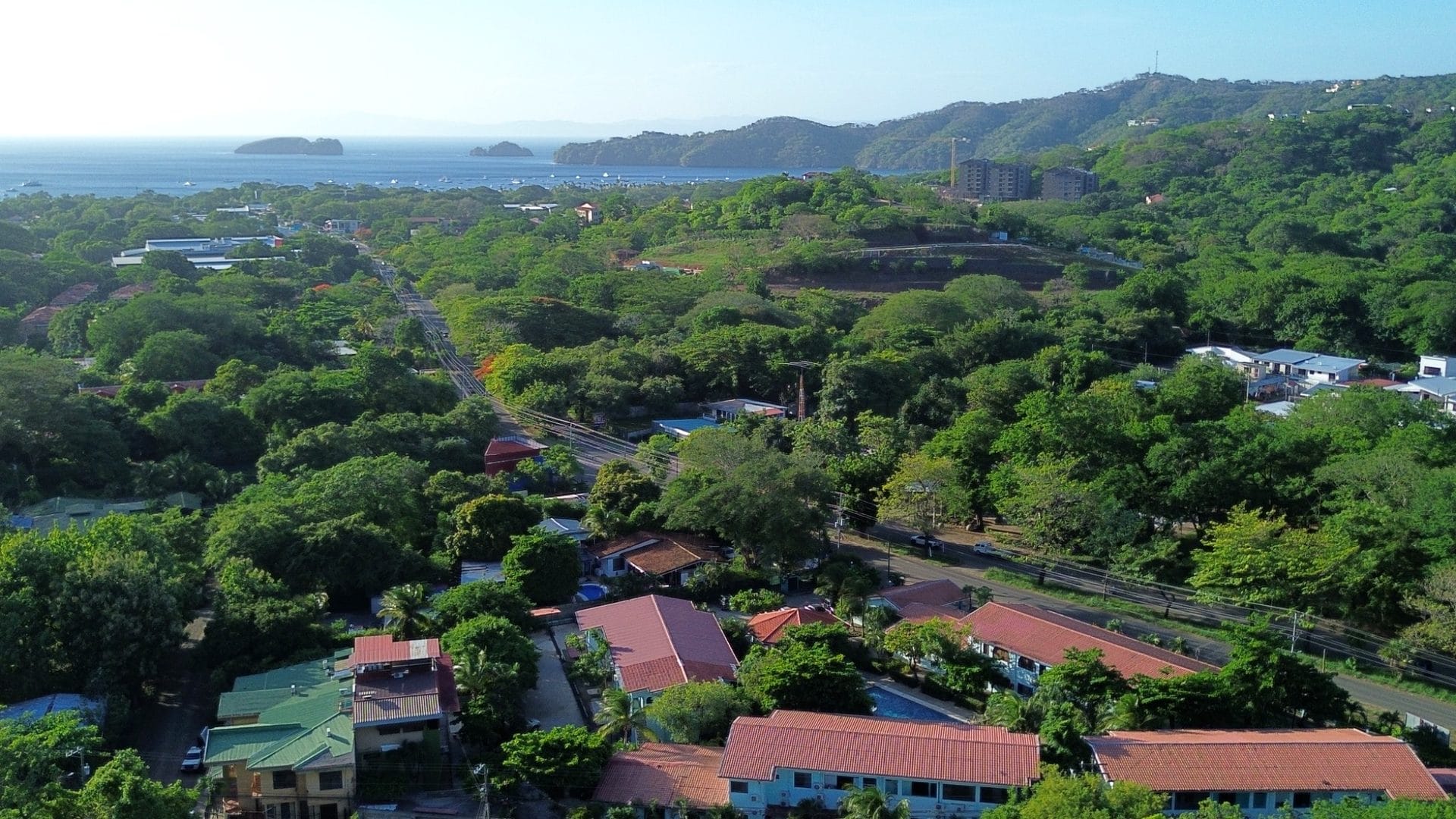 Aerial view of Playas del Coco homes near the coast in Guanacaste, Costa Rica
