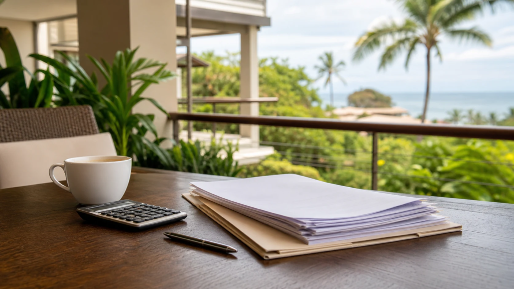 HOA documents and calculator on a tropical Costa Rica condo balcony