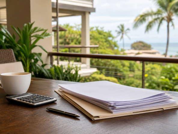 HOA documents and calculator on a tropical Costa Rica condo balcony