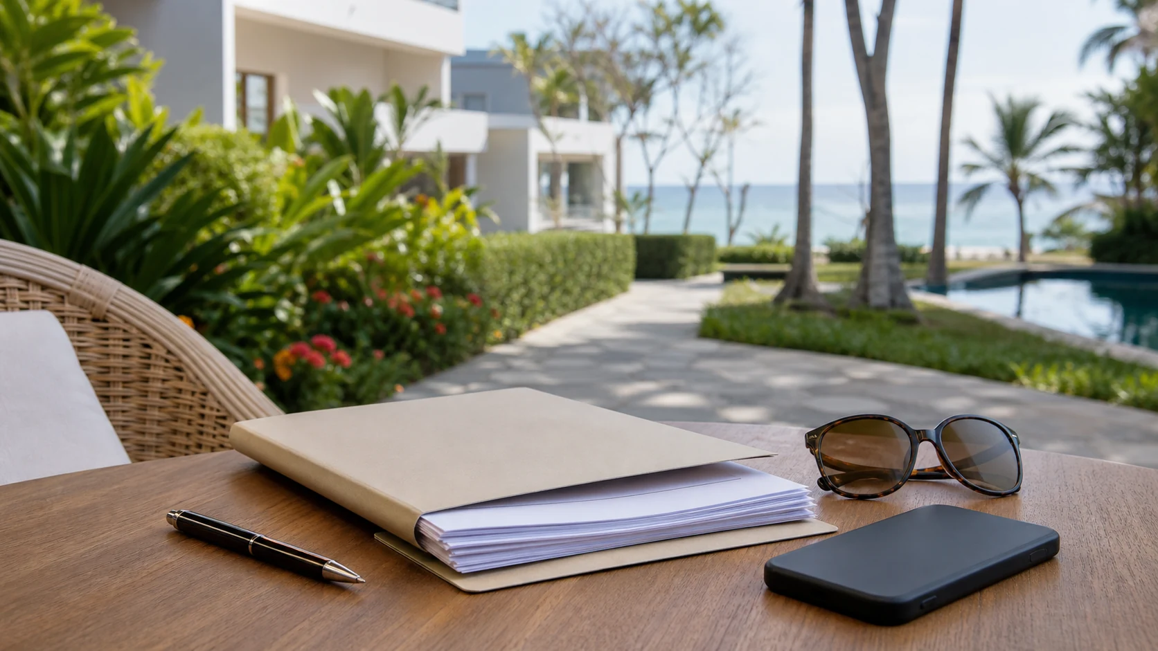 Blank HOA due diligence folder on a table near a tropical condo pool
