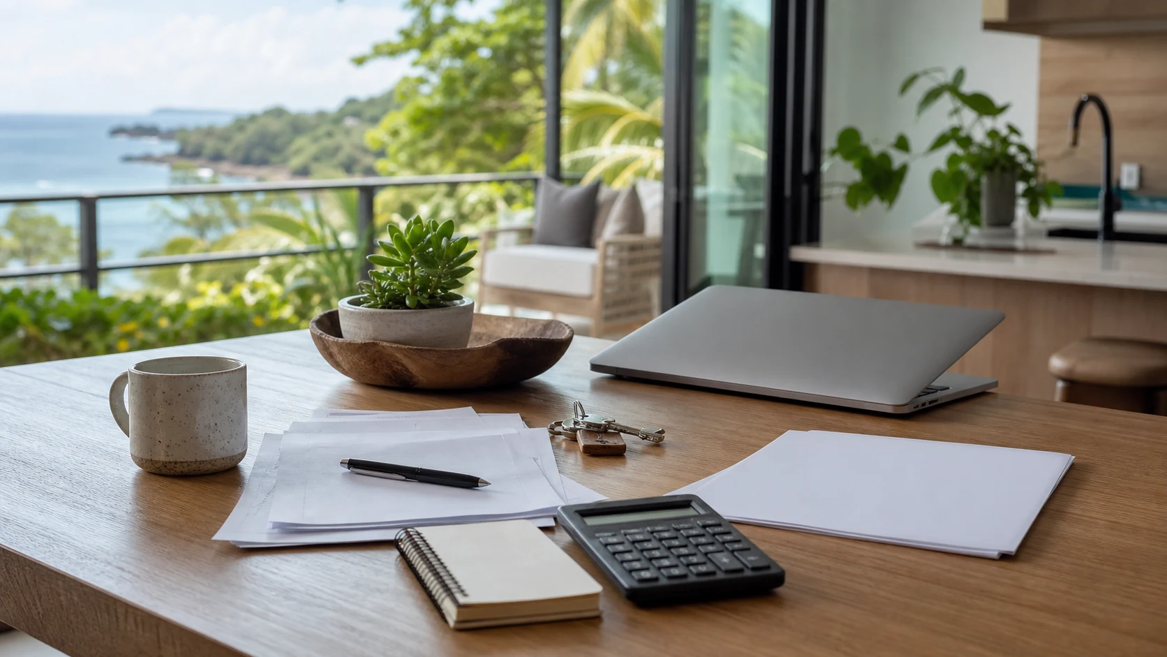 Condo ownership cost planning papers and calculator on a tropical terrace