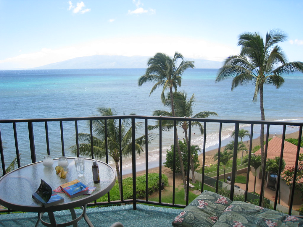 Ocean view condo balcony with palm trees