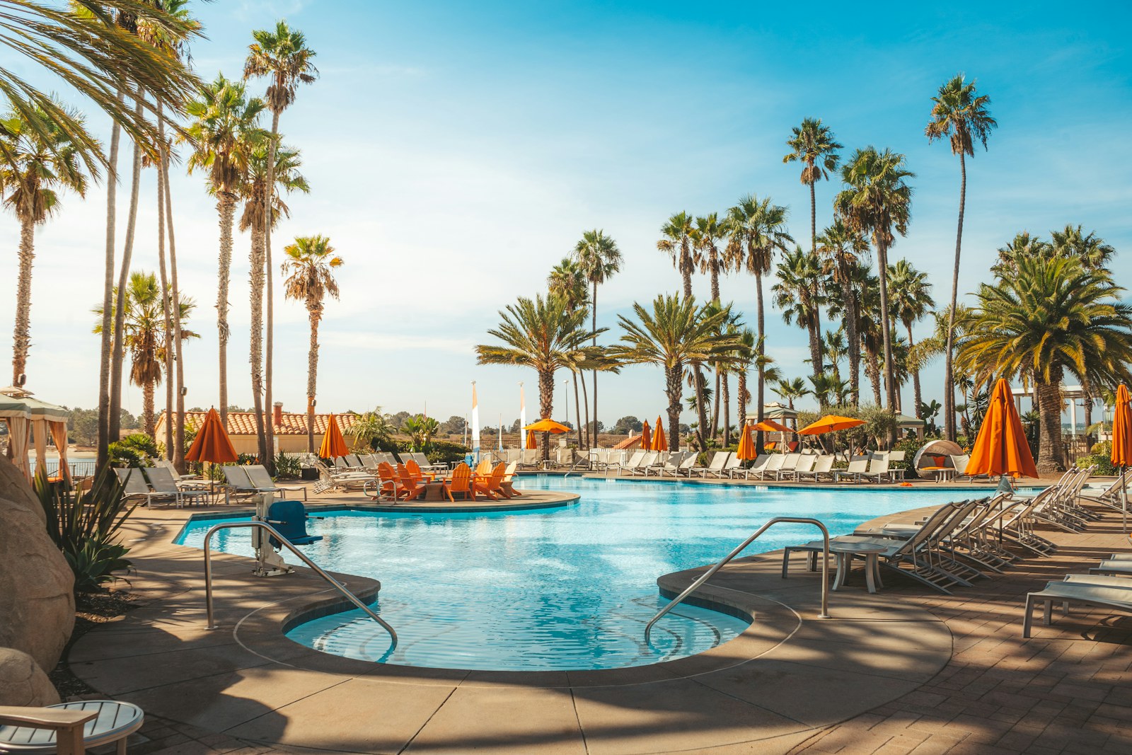 Tropical resort pool with palm trees