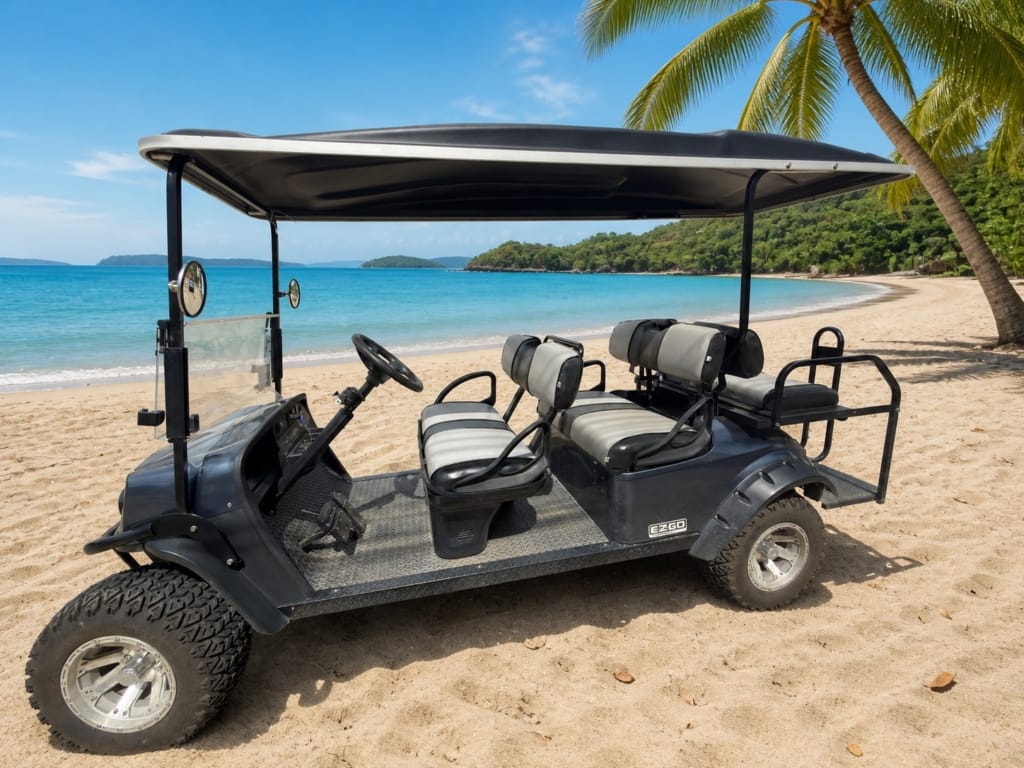 Black 6-seat lithium golf cart rental at the beach in Playas del Coco, Costa Rica