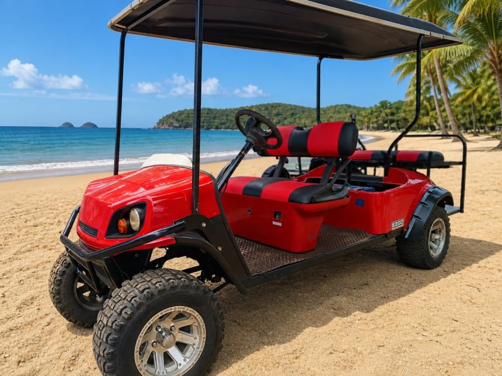 Red 6-seat lithium golf cart rental at the beach in Playas del Coco, Costa Rica