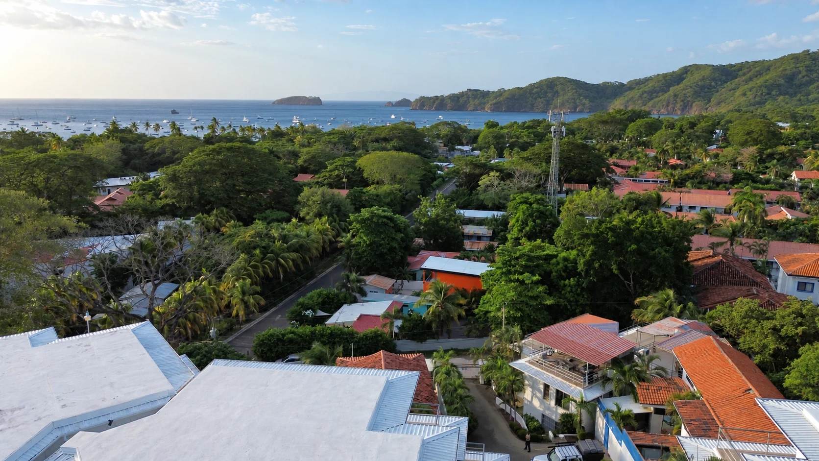 Aerial neighborhood and Coco Bay at Tucanes 12 vacation rental in Playas del Coco