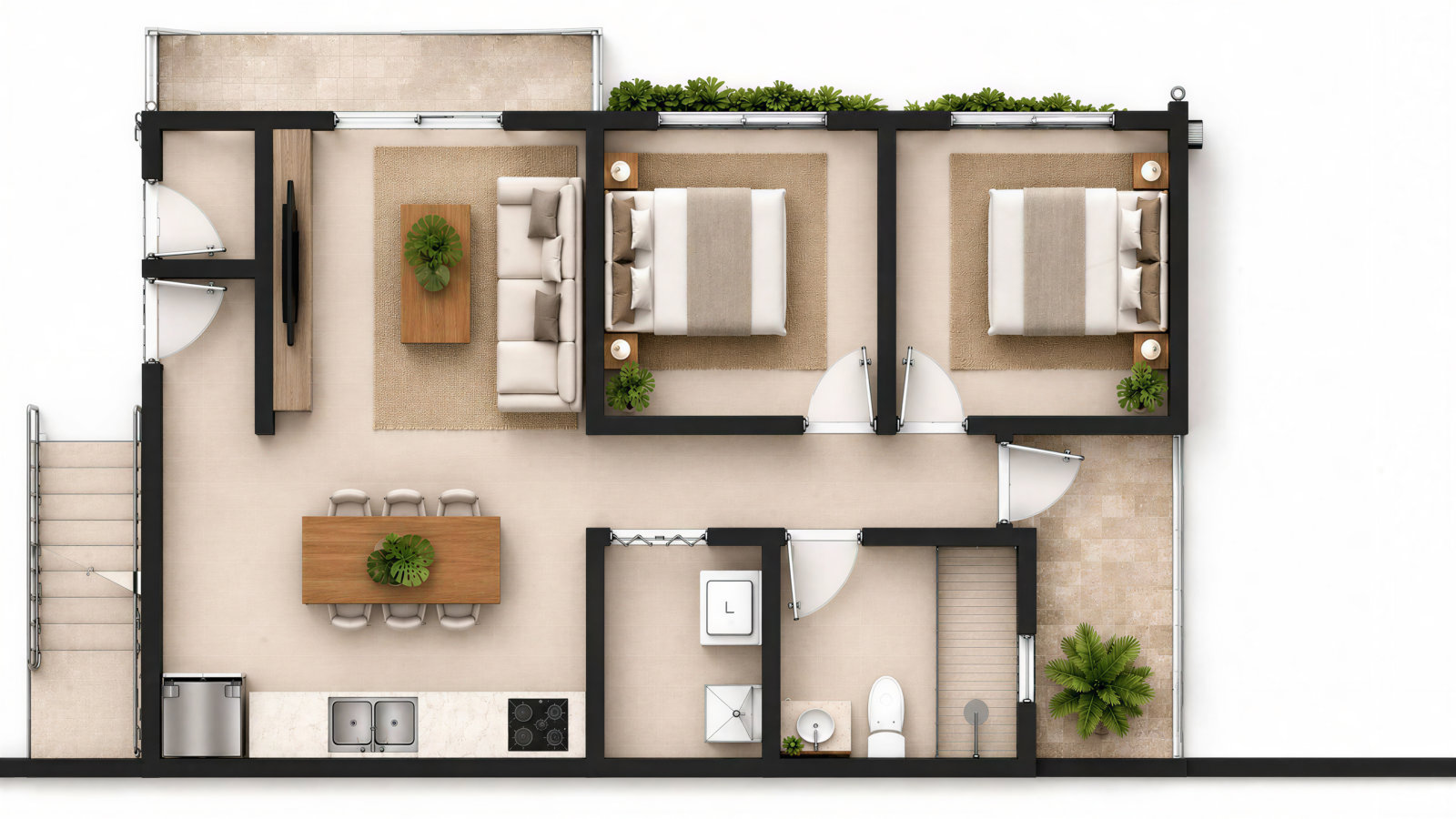 912 Flats two-bedroom floor plan b — architectural rendering