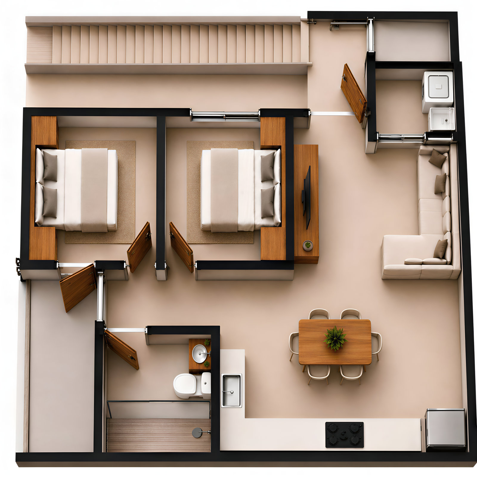 912 Flats two-bedroom floor plan c — architectural rendering