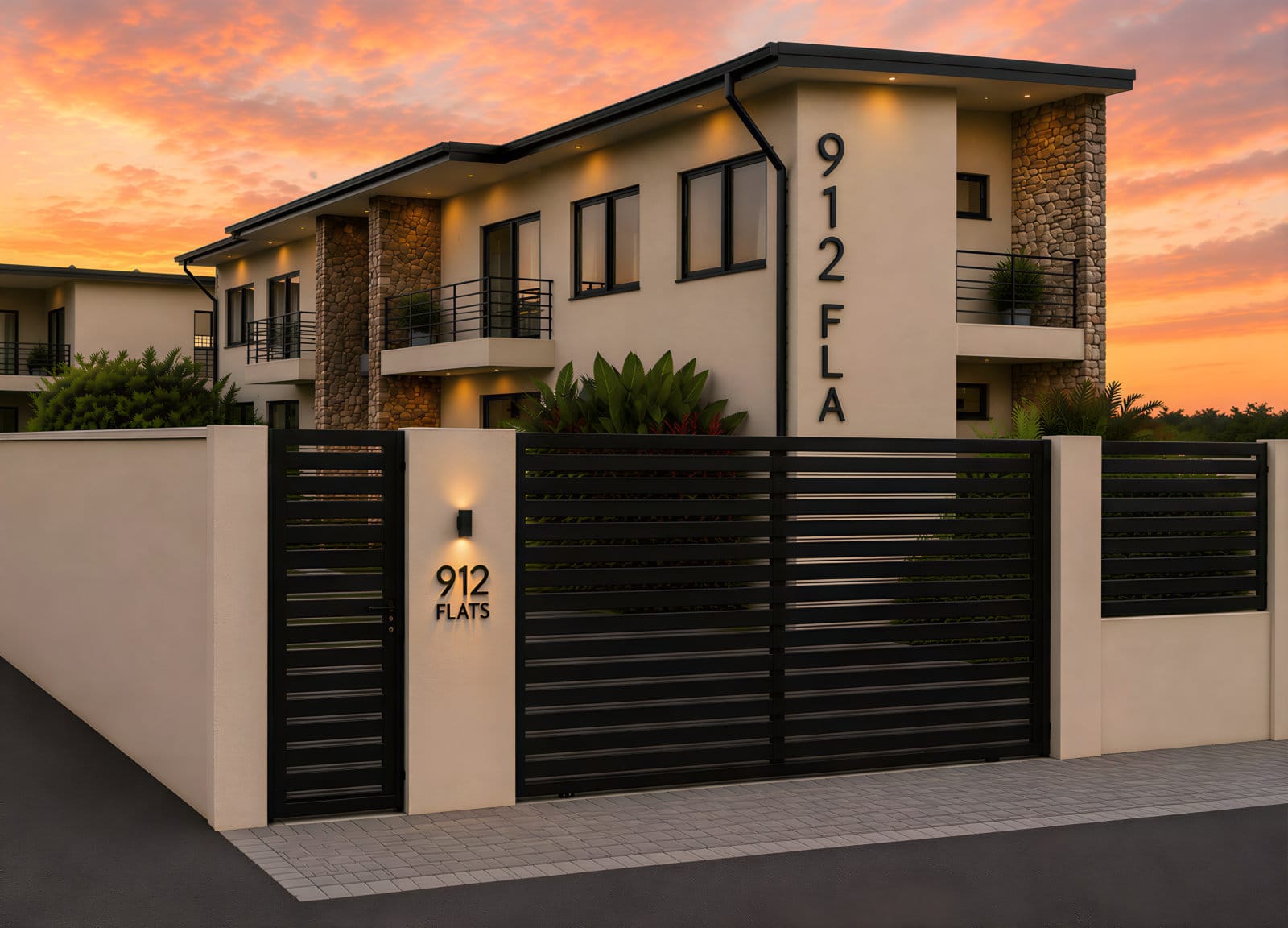 912 Flats gated entrance — architectural rendering