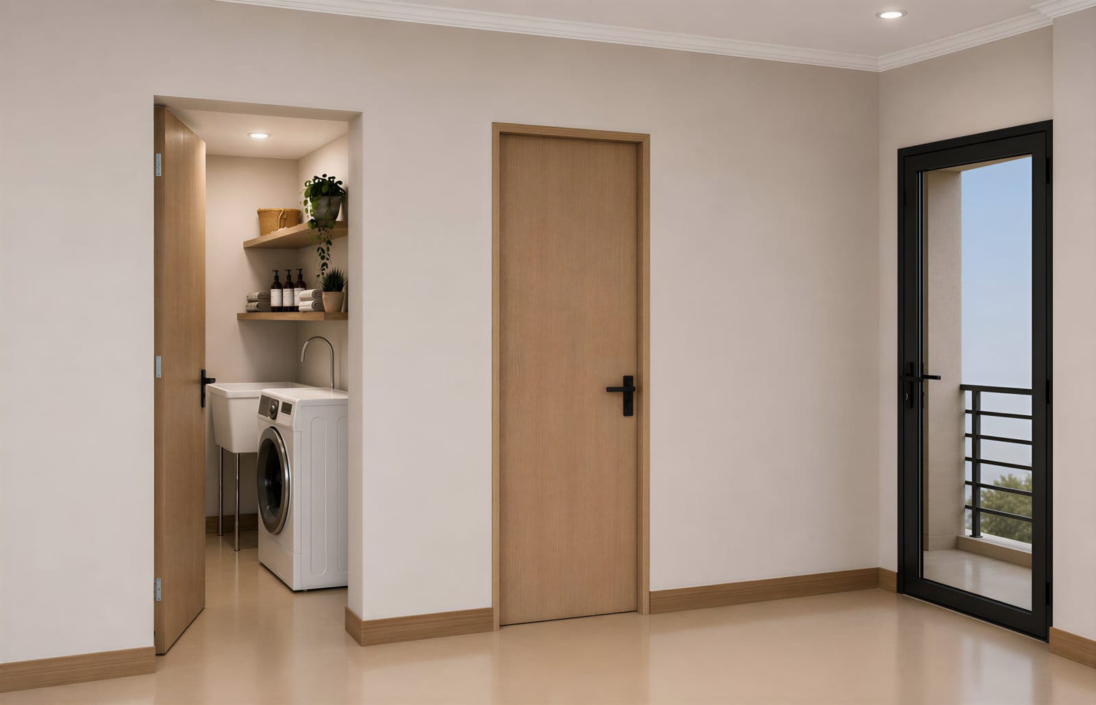 912 Flats laundry area and balcony access — architectural rendering