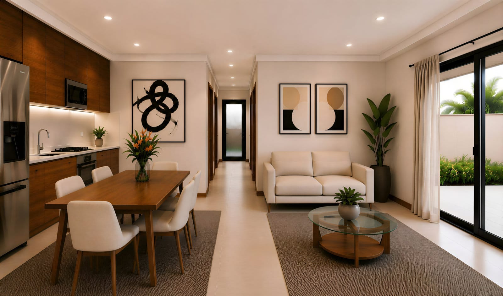 912 Flats open living and dining area — architectural rendering